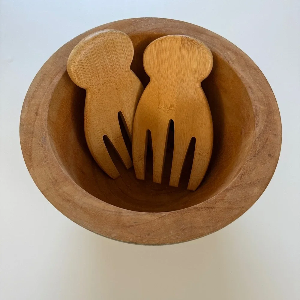Modern Medium Solid Wood Salad Bowl w/ Servers – Heavy – Natural Finish